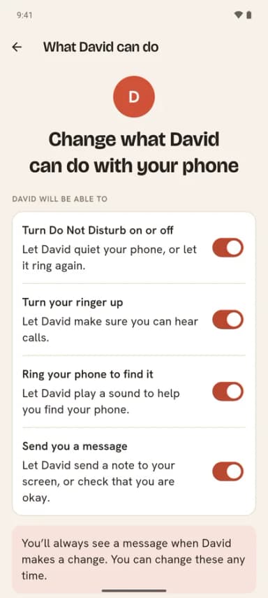 The Companion app permission screen, titled “Change what David can do with your phone”, listing each capability in plain language with its own toggle
