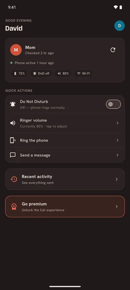 The Helper app home screen: a status card for Mom's phone showing battery, Do Not Disturb and ringer level, above a short list of quick actions