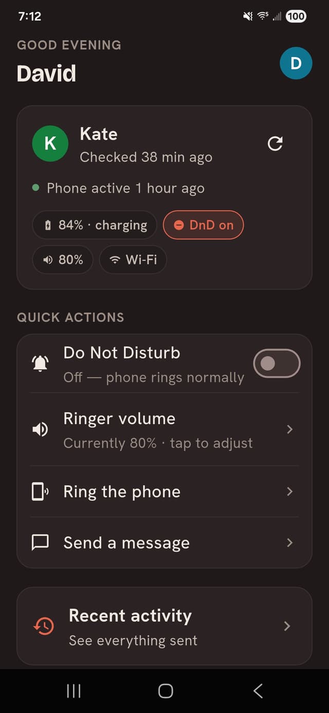 Parental Guidance Helper app dashboard showing a parent's phone status and quick actions